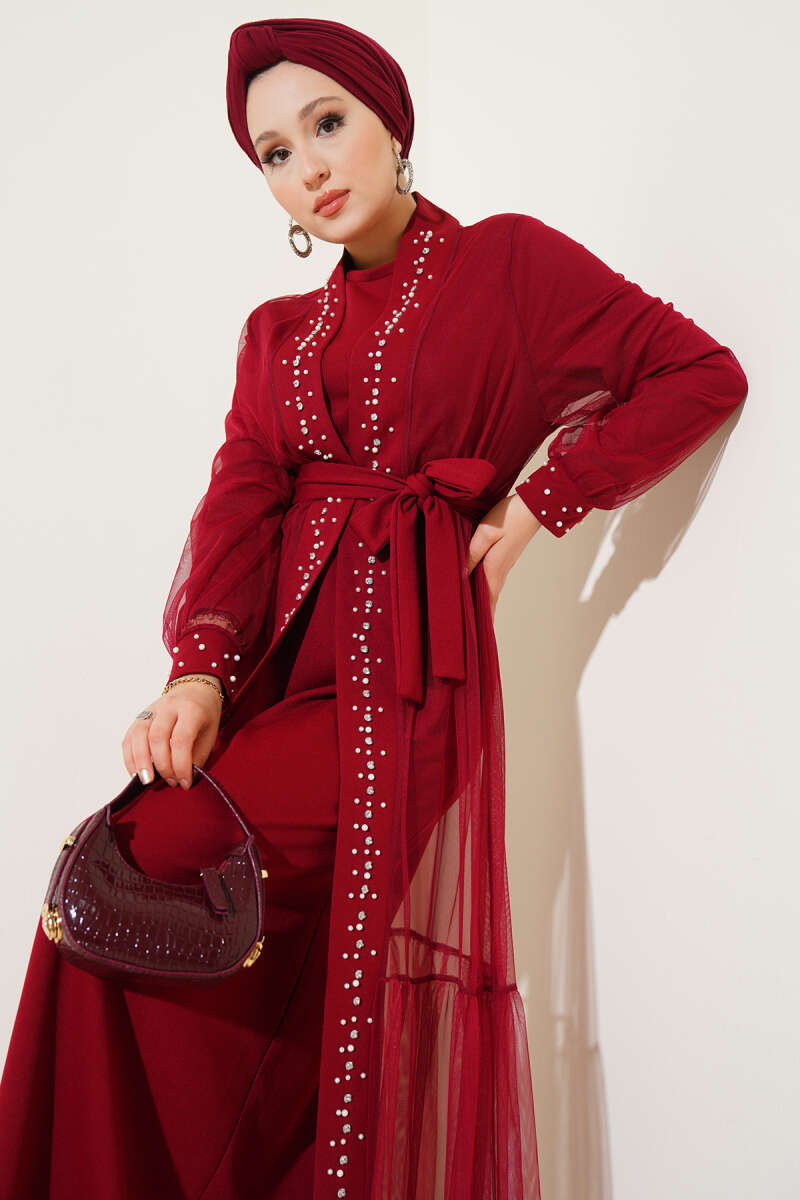 İncili Abaya Takım bordo