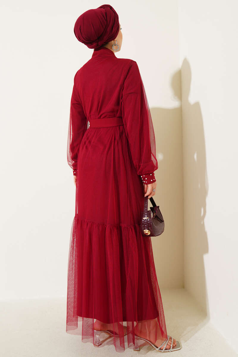 İncili Abaya Takım bordo