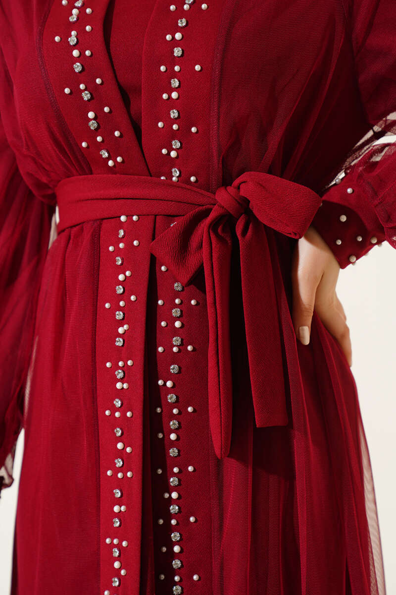 İncili Abaya Takım bordo