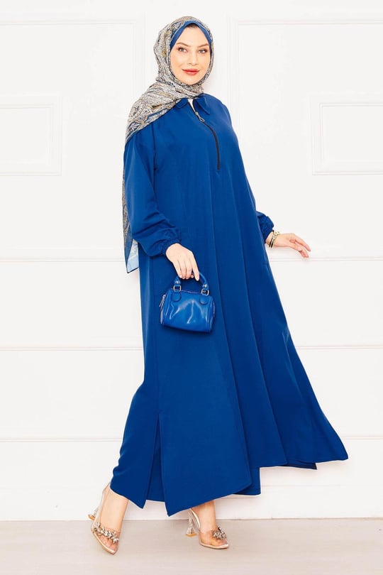 Önü Yarım Fermuarlı, Rahat Kalıp Tesettür Takım saks