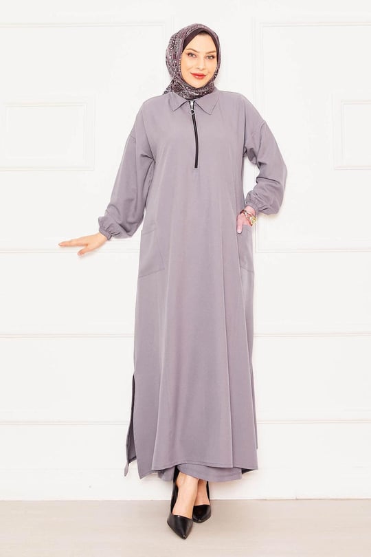 Önü Yarım Fermuarlı, Rahat Kalıp Tesettür Takım Gri