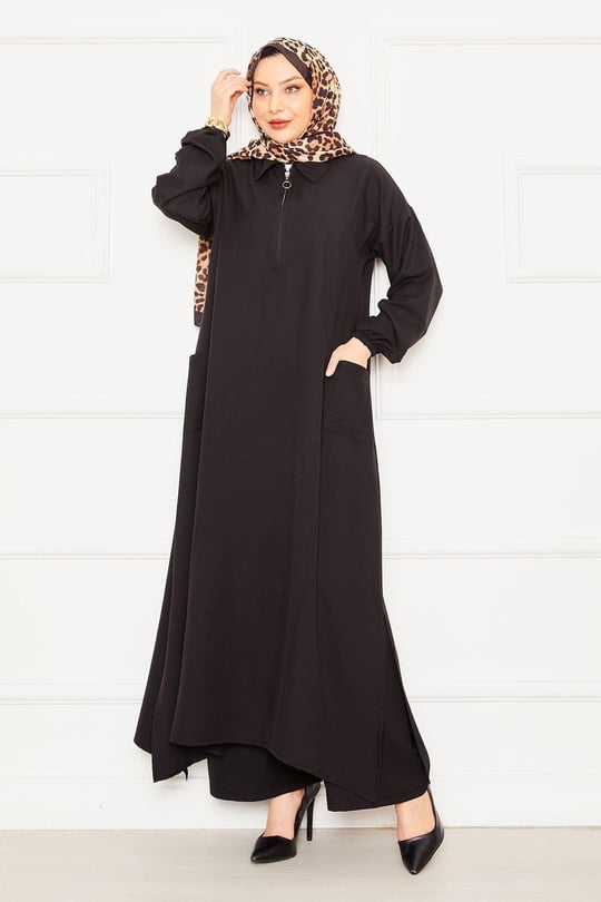 Önü Yarım Fermuarlı, Rahat Kalıp Tesettür Takım Siyah