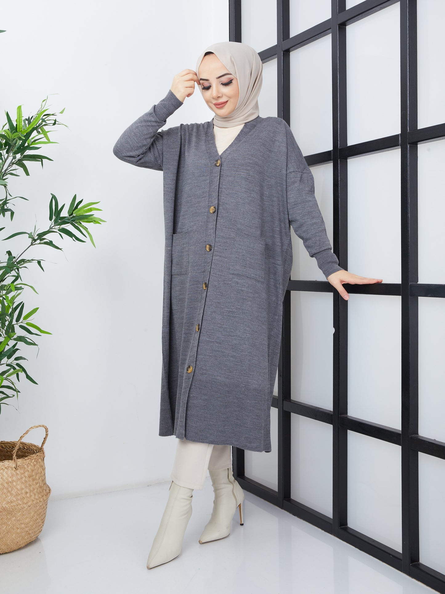 Lange Hijab-Strickjacke mit Taschen – Grau