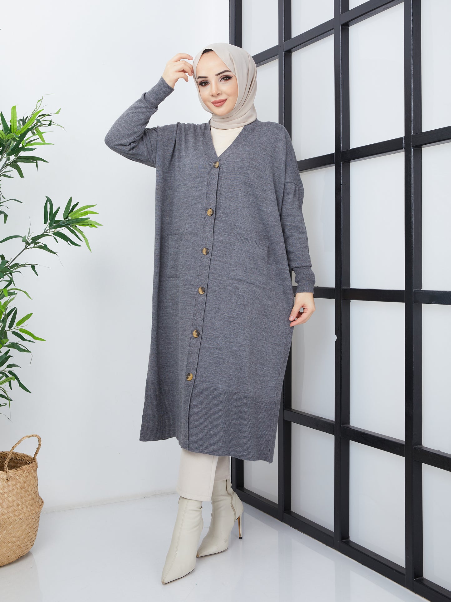 Lange Hijab-Strickjacke mit Taschen – Grau