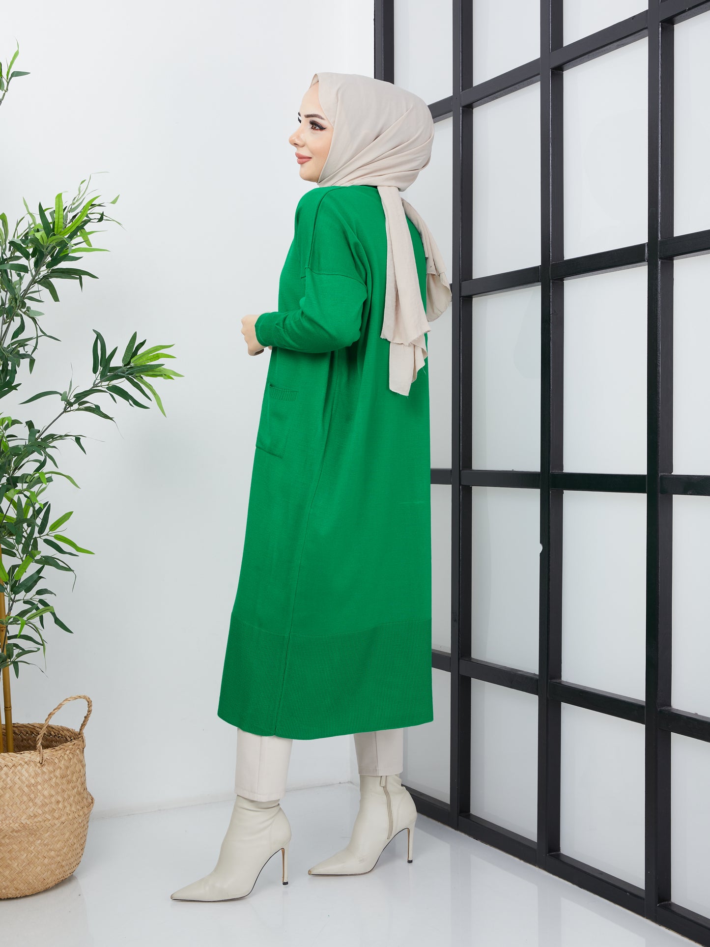 Cardigan long en tricot hijab avec poches - Vert