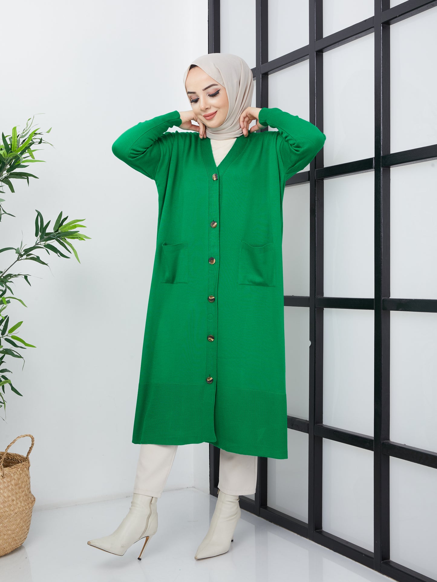 Cardigan long en tricot hijab avec poches - Vert