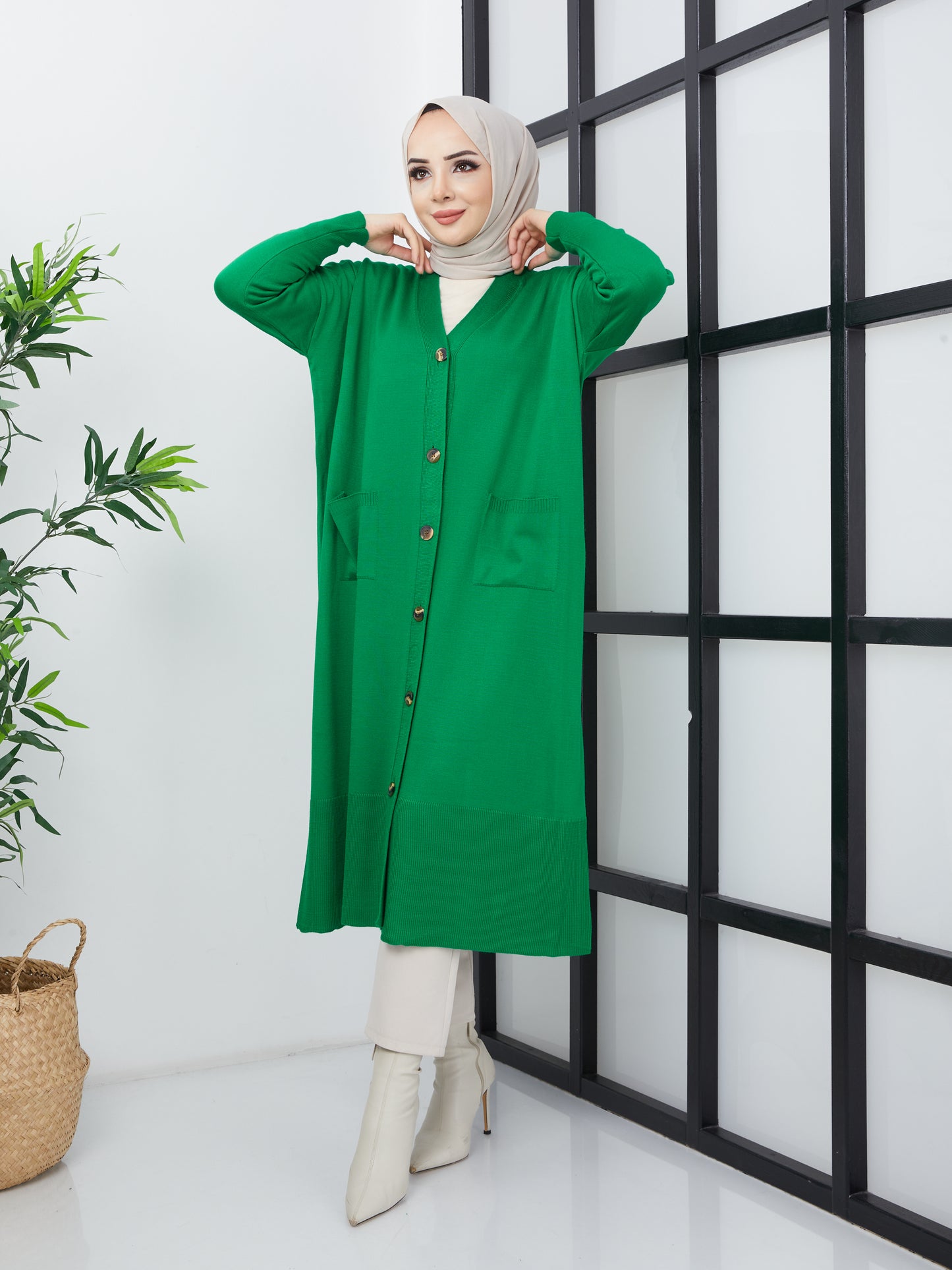 Cardigan long en tricot hijab avec poches - Vert