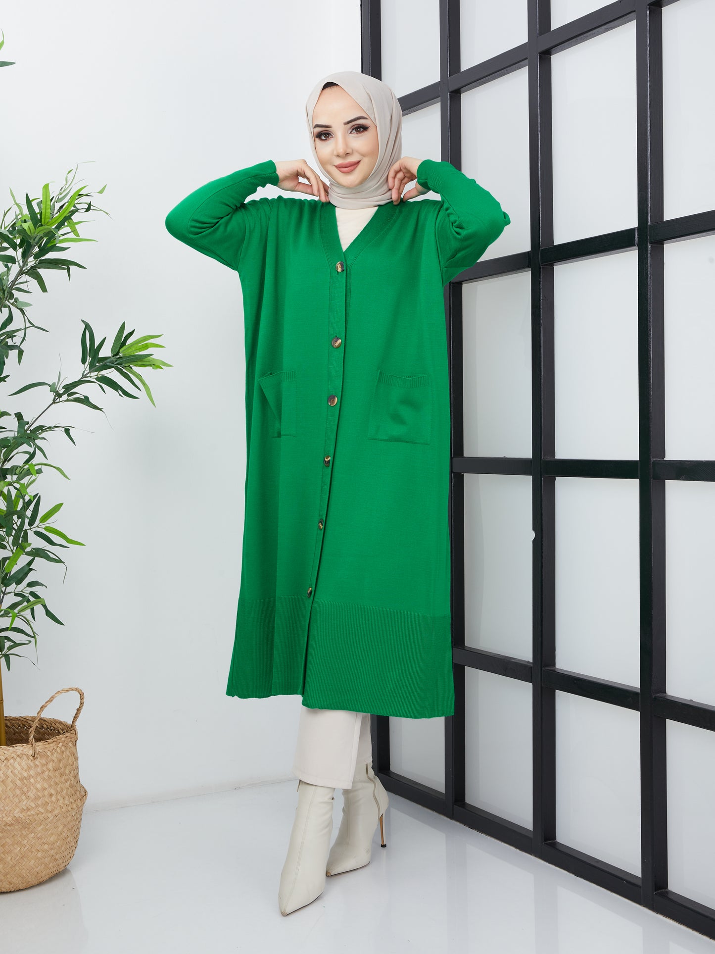 Cardigan long en tricot hijab avec poches - Vert