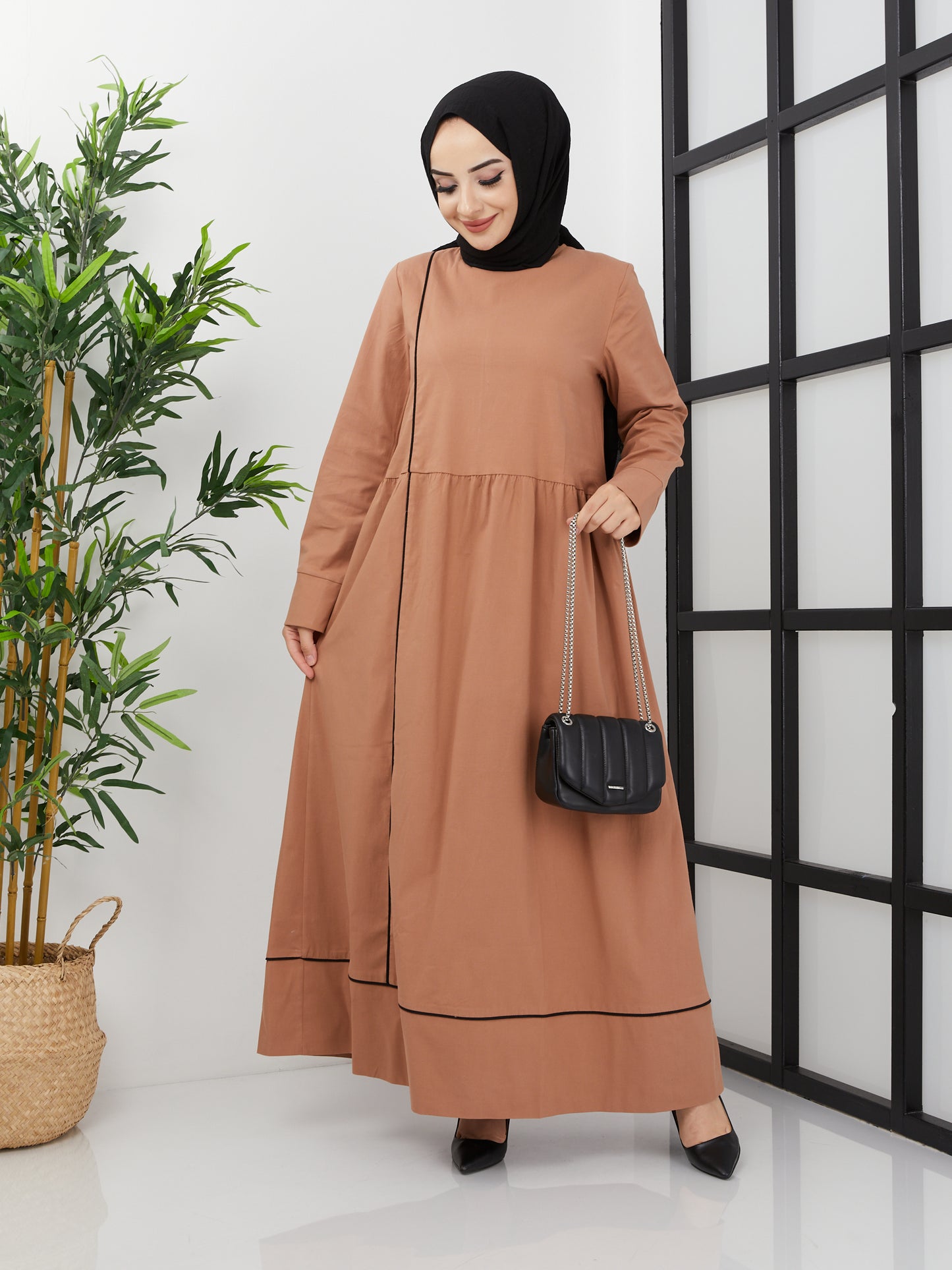 Casual Striped Detailed Hijab Dress - Brown