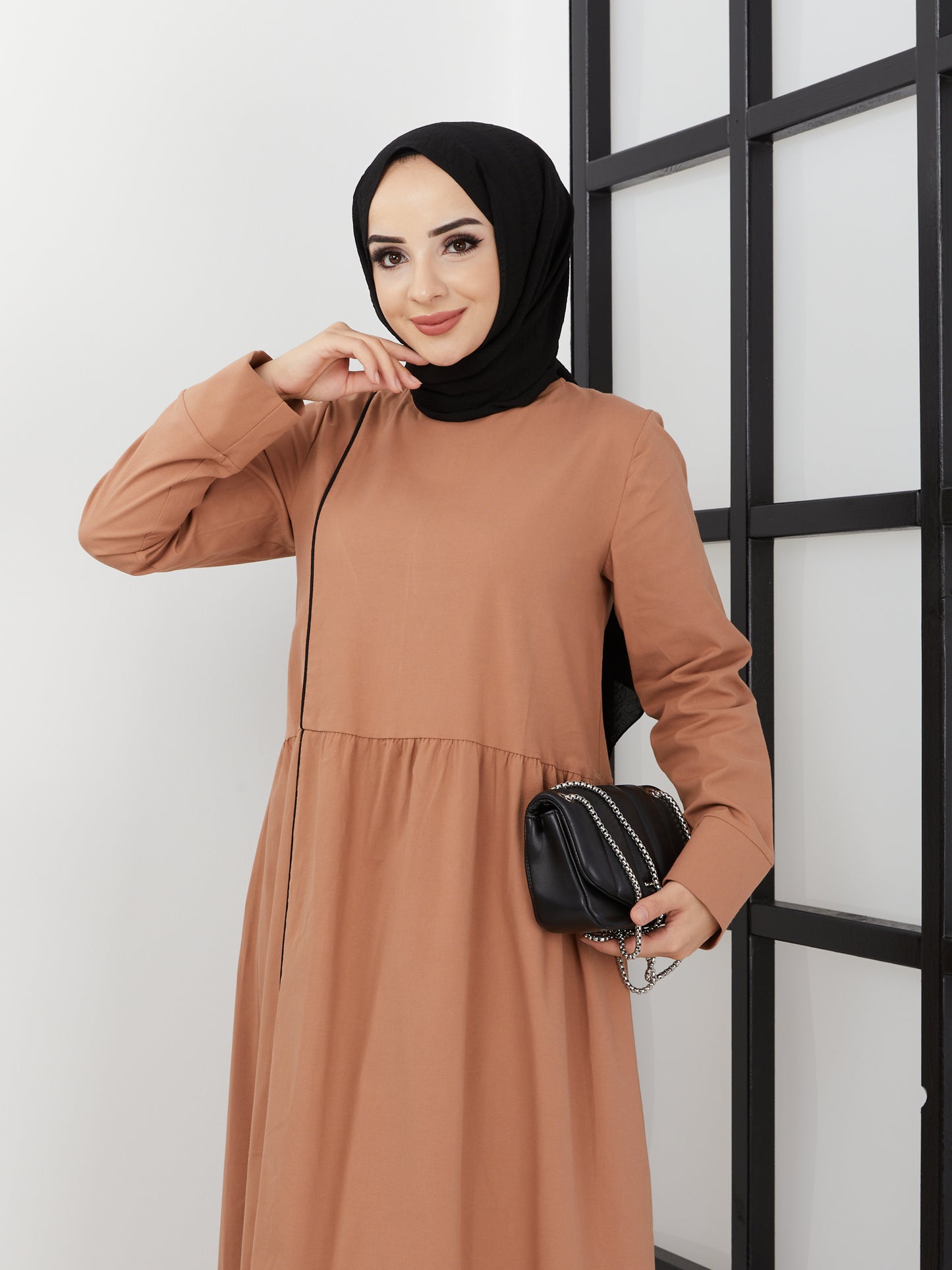 Casual Striped Detailed Hijab Dress - Brown