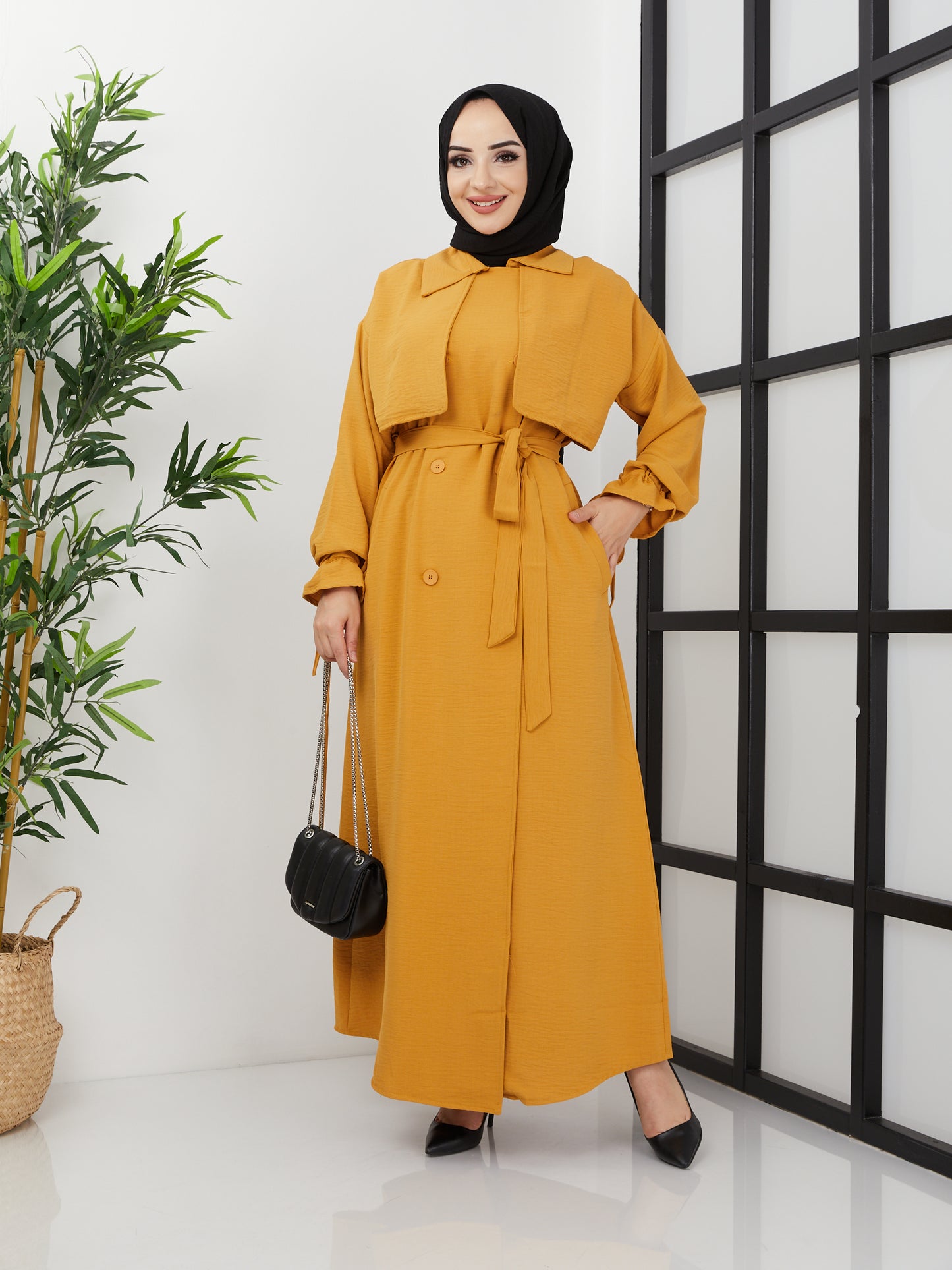 Abaya mit Gürtel – Senf