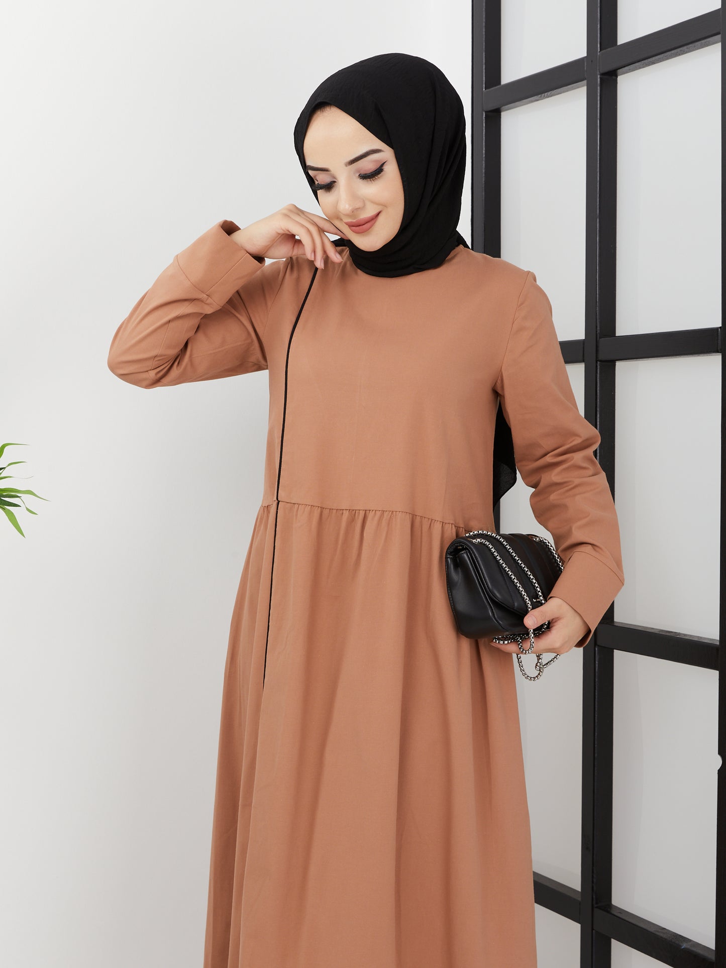 Casual Striped Detailed Hijab Dress - Brown