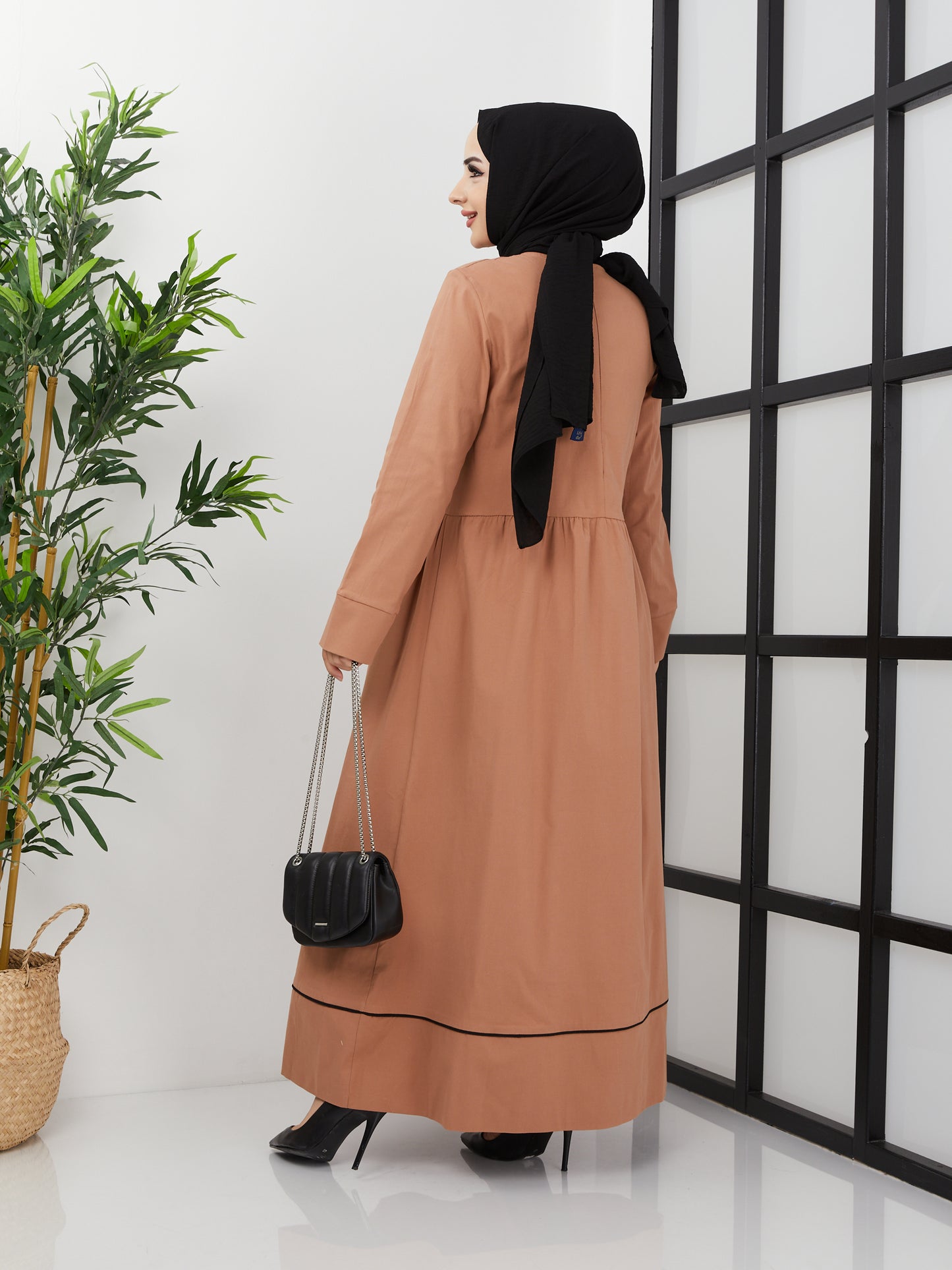 Casual Striped Detailed Hijab Dress - Brown