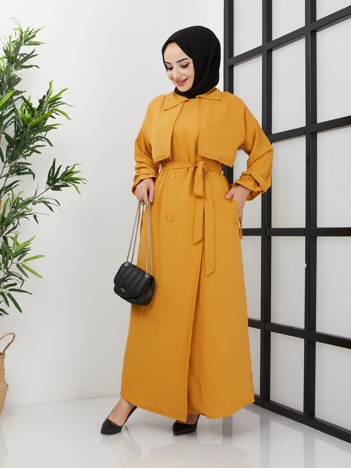 Belted Abaya - Mustard