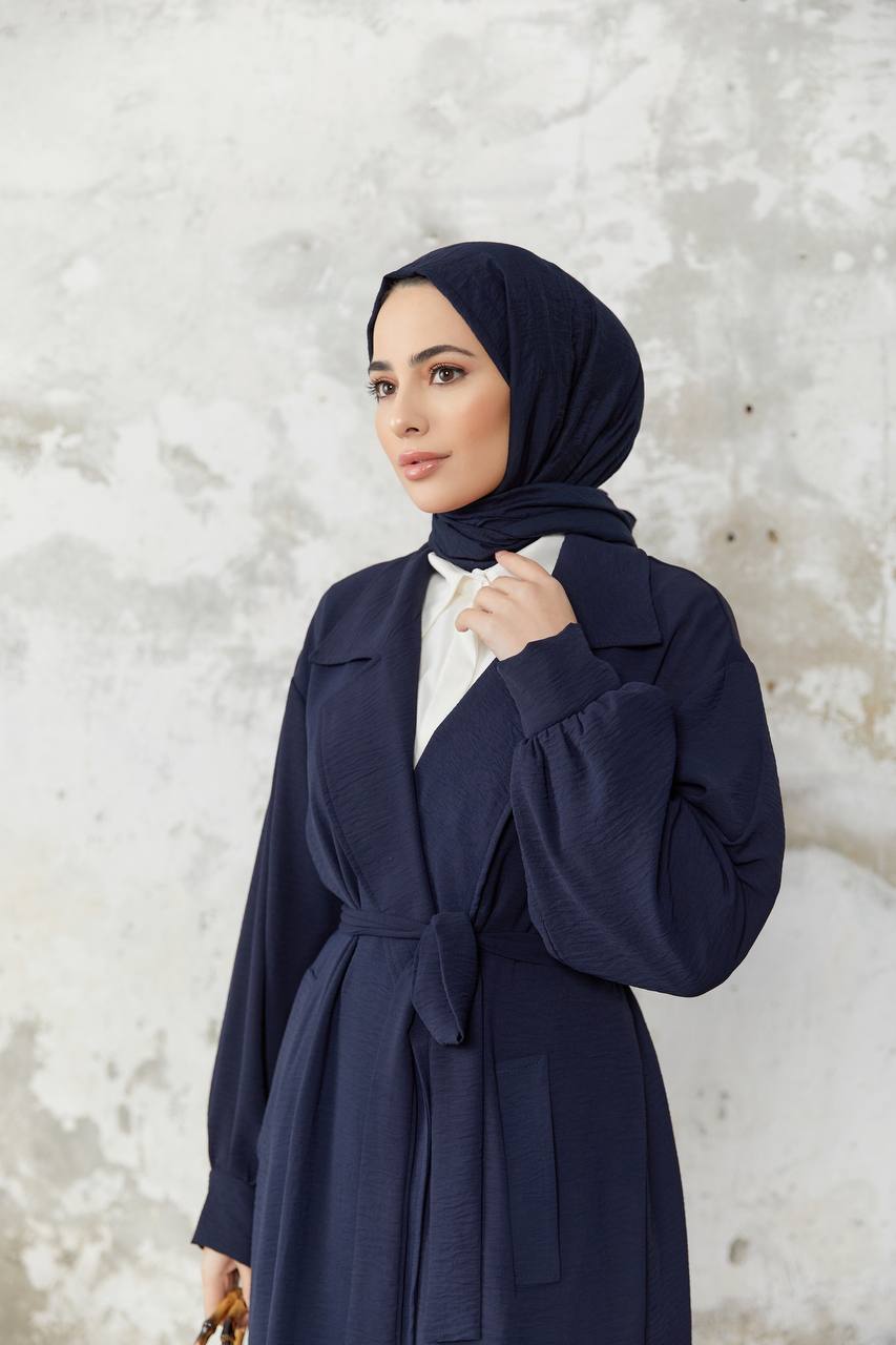 Belted Long Hijab Coat - Navy Blue