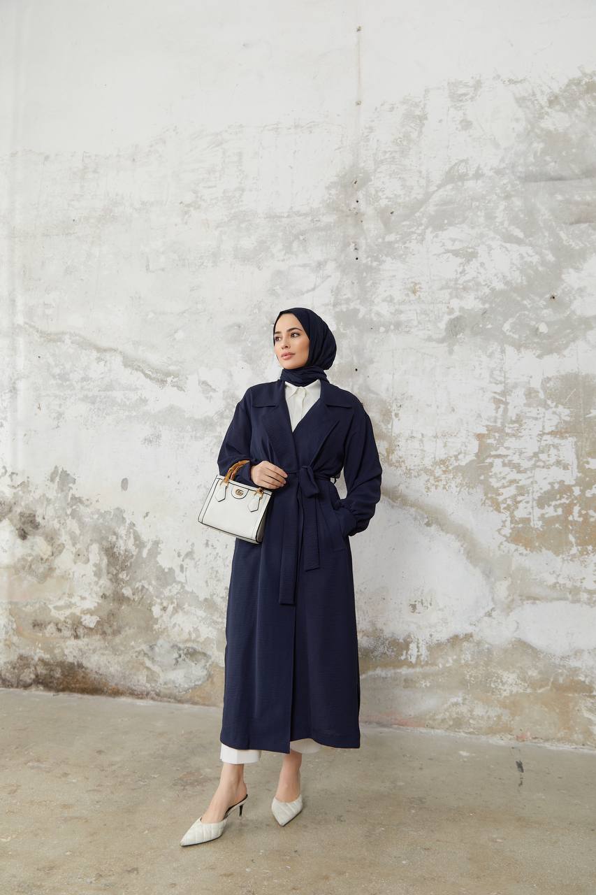 Manteau Hijab Long Ceinturé - Bleu Marine