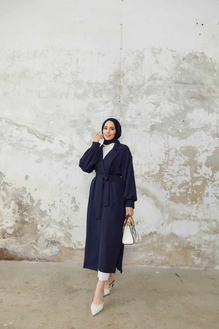 Manteau Hijab Long Ceinturé - Bleu Marine