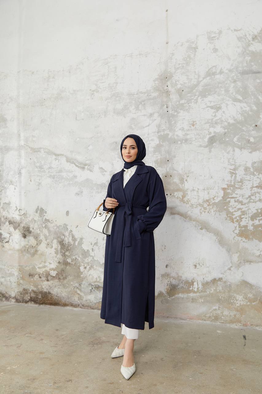 Manteau Hijab Long Ceinturé - Bleu Marine