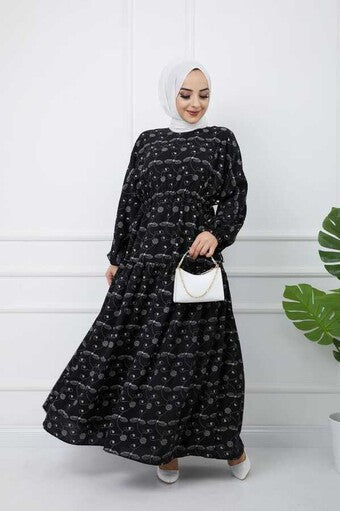 Bedrucktes Hijab-Kleid Schwarz