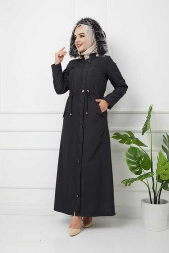 Gathered Waist Wool Inside Long Coat Black