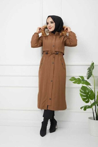 Gathered Waist Wool Parka Camel