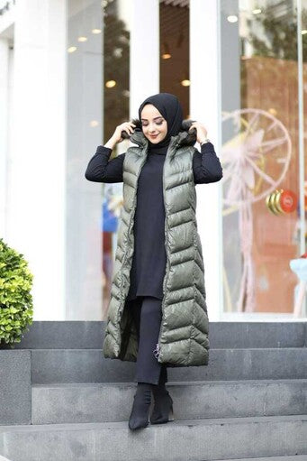 Fur Hooded Long Puffer Vest Khaki