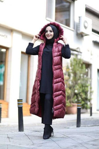 Fur Hooded Long Puffer Vest Claret Red