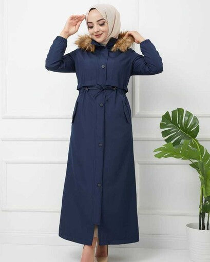 Gathered Waist Wool Inside Long Parka Navy Blue