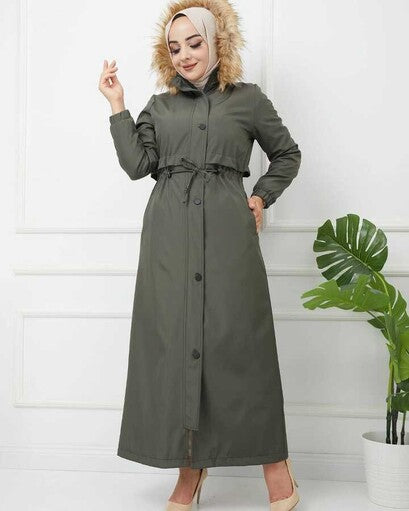 Gathered Waist Wool Inside Long Parka Kaki