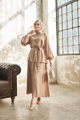 Pleated Skirt, Belted Blouse Set Cream