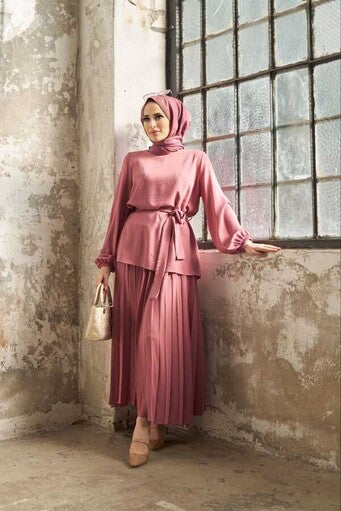 Pleated Skirt, Belted Blouse Set Fuchsia