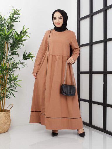 Casual Striped Detailed Hijab Dress - Brown