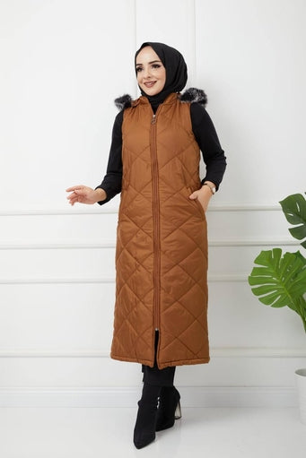 Hooded Long Puffer Vest - Tan