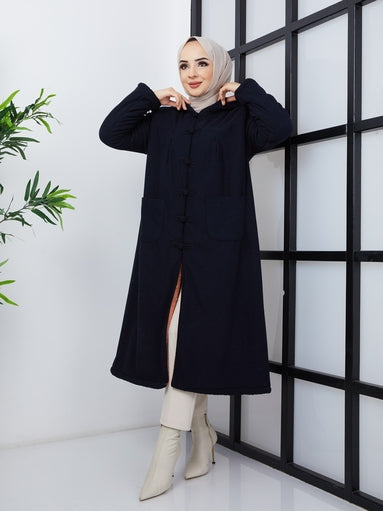 Long Cape with Wool Inside - Navy Blue