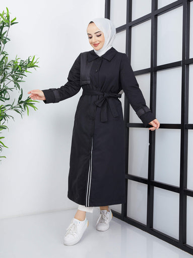 Long Striped Quilted Coat - Black