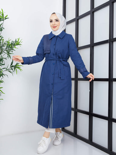 Long Striped Quilted Coat - Navy Blue