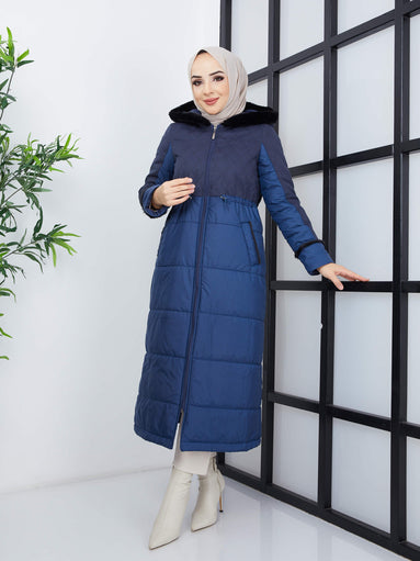 Manteau matelassé long à capuche en fourrure - Bleu marine