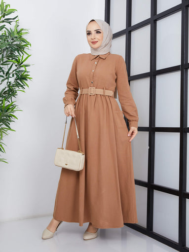 Belted Long Hijab Dress - Cream