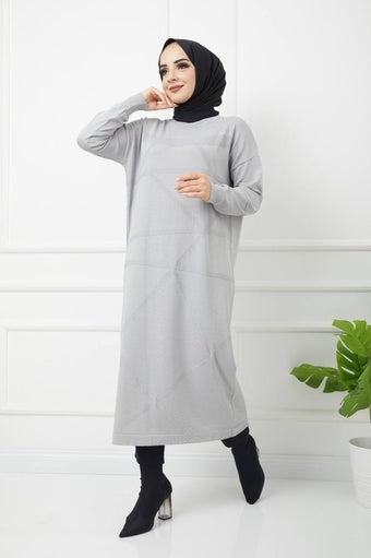 Knitted Patterned Mercerized Tunic - Light Gray