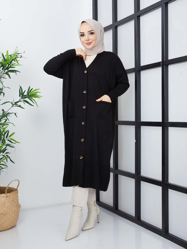 Long Hijab Knitwear Cardigan with Pockets - Black