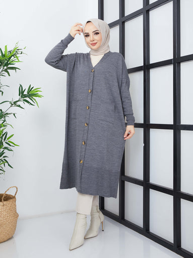 Long Hijab Knitwear Cardigan with Pockets - Gray