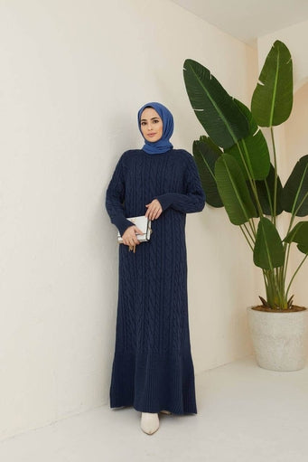 Long Hijab Knitwear Dress - Navy Blue