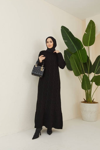 Langes Hijab-Strickkleid – Schwarz