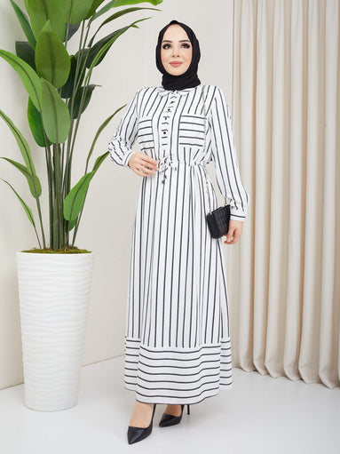 Gestreiftes Hijab-Kleid Weiß