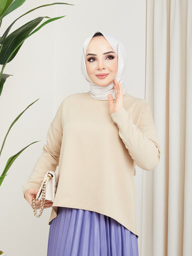 Hijab-Bluse mit kurzer Vorderseite und langer Rückseite in Beige