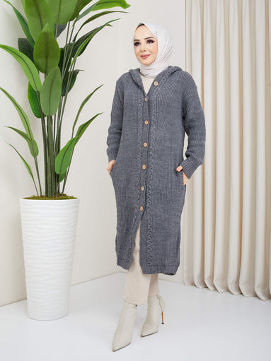 Hooded Long Knitwear Cardigan - Smoked