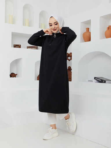 Zippered Collar Long Sweatshirt - Black