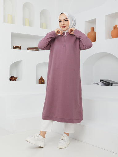 Zipper Collar Long Sweatshirt -Lilac