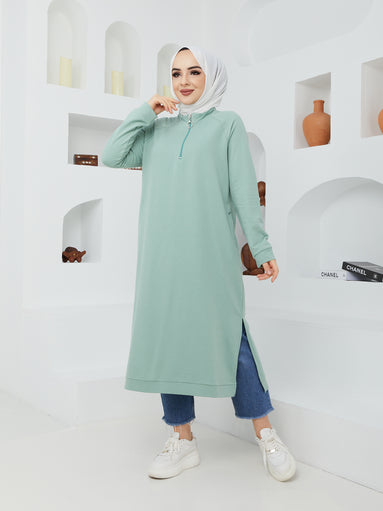 Zippered Collar Long Sweatshirt - Water Green