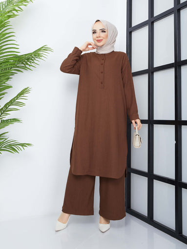 Ensemble tunique double hijab - Marron